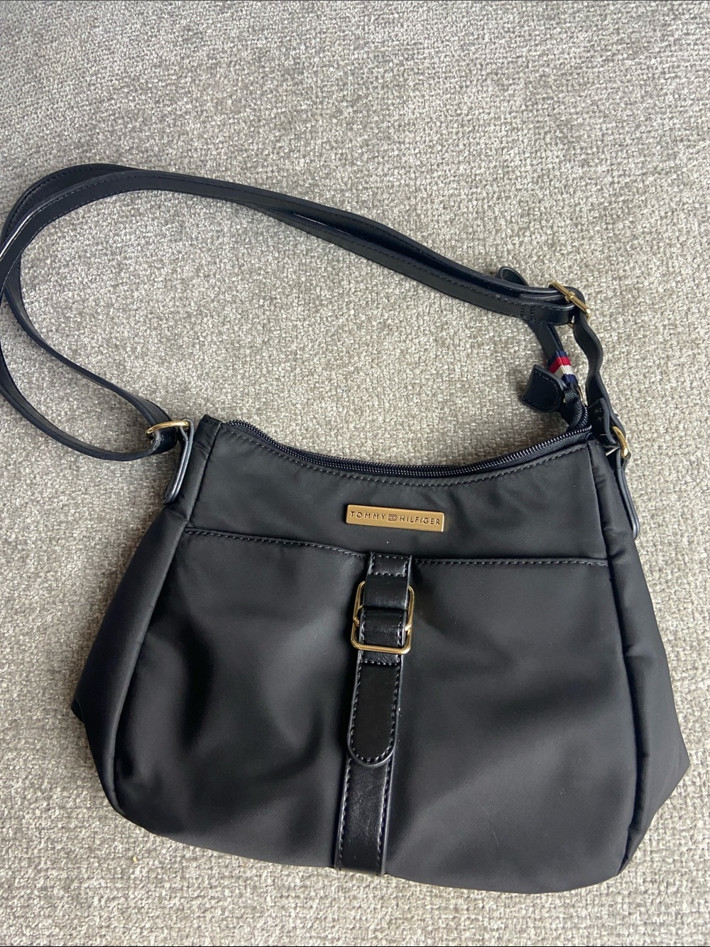 Tommy Hilfiger Black Nylon Shoulder Bag with Buckle Accent